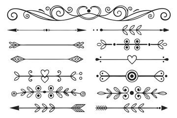 Fototapeta premium Black Vector Divider Set Featuring Ornamental Arrows and Swirls with Elegant Hand-Drawn Floral Motifs. Decorative Line Borders for Invitations and Posters.