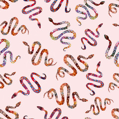 Pattern with watercolor textured snakes on light pink background. Print for women underwear, textile, wrapping paper.