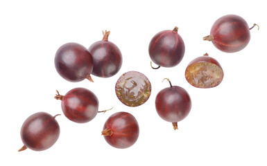 Ripe gooseberries flying on a white background. Isolated