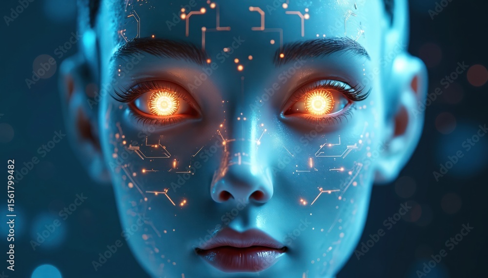 Poster illustration of ai avatar with glowing eyes. digital woman face with circuit patterns. ai face with 