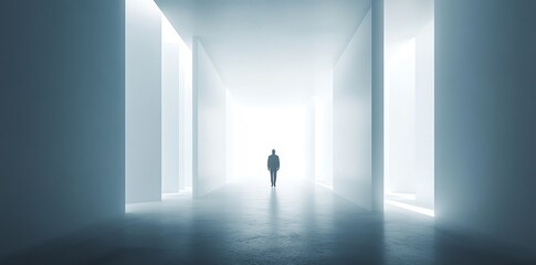 Solitary Man Walking Through Bright Modern Tunnel in Futuristic Architecture