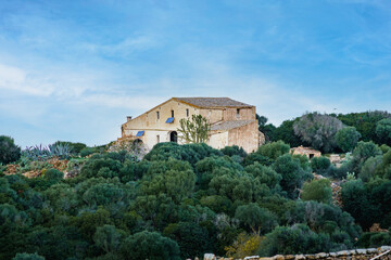Obraz premium Traditional Menorcan Farmhouse Nestled Among Lush Mediterranean Greenery on a Hilltop. Rural Architecture, Rustic Charm, Untouched Landscape, Serene Setting, rural tourism promotion, real estate