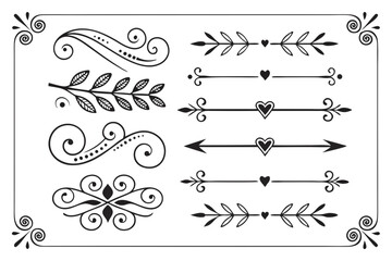 Fototapeta premium Black Vector Divider Collection with Hand-Drawn Swirls, Curved Arrows, and Floral Borders. Elegant Ornaments for Wedding Invitations, Cards, and Design Layouts.