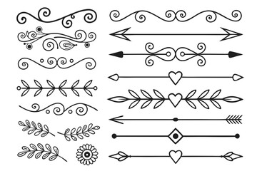Elegant Decorative Divider Set Featuring Vintage Swirls, Floral Arrows, and Hand-Drawn Borders in Black Vector. Ideal for Invitations, Posters, and Layout Design Projects.

