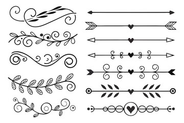 Fototapeta premium Black Vector Decorative Borders Featuring Elegant Floral Swirls, Curved Arrows, and Hand-Drawn Ornamental Lines for Wedding Layouts, Posters, and Cards.