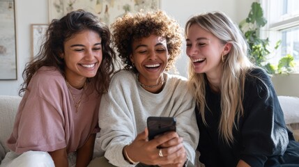 Obraz premium Happy young women on sofa, laughing at phone screen, social bonding,