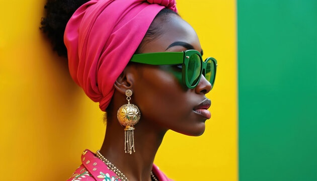 Side view stylish model wearing current fashion trends. Young woman with green sunglasses pink turban, gold earrings. Portrait beauty, make-up, colors. Beauty concept. Hipster fashion trend.
