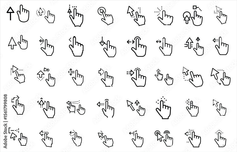 Fototapete Set of digital cursor hand pointing with a pixelated arrow representing a computer mouse click action isolated on white background