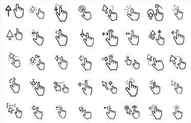 Set of digital cursor hand pointing with a pixelated arrow representing a computer mouse click action isolated on white background
