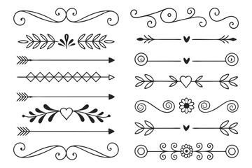 Obraz premium Collection of Elegant Hand-Drawn Dividers Featuring Curved Arrows, Swirls, and Floral Borders in Black Vector for Creative Invitations and Layout Projects.