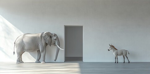 Large Gray Elephant and Small Gray Unicorn in Minimalist White Room