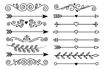 Fototapeta premium Hand-Drawn Decorative Dividers in Elegant Style Featuring Arrows, Swirls, and Floral Elements in Black Vector for Invitations, Layouts, and Cards.