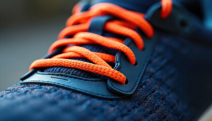 Close-up shot of athletic shoe with vibrant orange laces, navy blue textile upper. Detailed texture, sport equipment, modern design, comfort, performance, high quality.