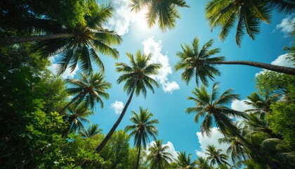Low angle shot of palm trees against bright blue sky. Tropical jungle landscape with plants, sunlight. View from below of tall trees against sky. Vacation, travel, exotic, paradise, summer, coast,