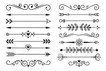Fototapeta premium Hand-Drawn Decorative Divider Set in Elegant Black Vector Featuring Floral Arrows, Curves, and Vintage Line Borders for Wedding Cards and Layouts.