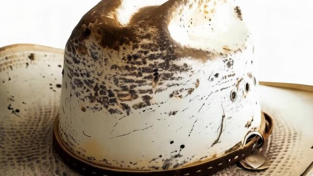 Old cowboy hat with scuffs and stains, resting on a white background. Suitable for western themes, historical reenactments and vintage collections.
