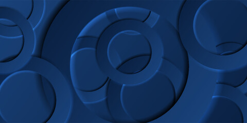 Dark blue abstract vector background featuring overlapping 3D circular rings with shadows and depth, creating a modern, layered, and dynamic geometric design.