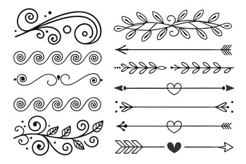 Obraz premium Elegant Divider Collection with Swirls, Curved Arrows, and Floral Elements in Black Vector. Hand-Drawn Line Art for Layout Templates and Invitations.