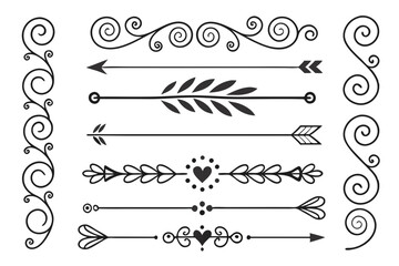 Obraz premium Decorative Divider Collection Featuring Elegant Floral Swirls, Curved Arrows, and Ornamental Line Borders in Hand-Drawn Black Vector for Invitations and Layouts.