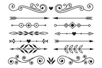 Obraz premium Elegant Arrow and Swirl Divider Set with Vintage Floral Ornaments in Hand-Drawn Black Vector. Stylish Decorative Borders for Creative Design and Layouts.