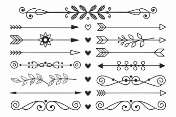 Elegant Divider Set in Black Vector Featuring Curved Lines, Ornamental Arrows, and Floral Swirls. Hand-Drawn Design Elements for Layout Templates and Invitations.

