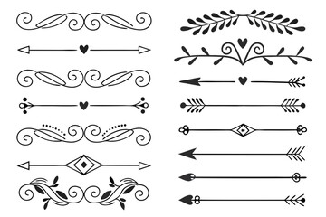 Ornamental Divider Collection with Elegant Arrows, Swirls, and Floral Motifs in Hand-Drawn Black Vector. Decorative Borders for Creative Layout and Invitation Designs.

