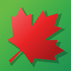 Clean and modern illustration of a red maple leaf against green background, presented with a subtle gradient and a distinct drop shadow for a simple 3D effect.