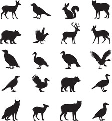 Forest animals birds and deer silhouettes squirrel