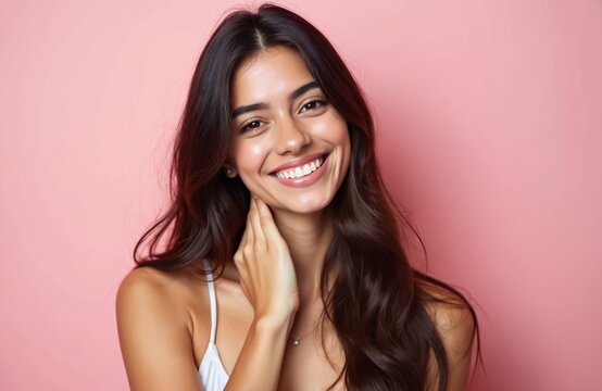 Young attractive Brazilian woman smiles on pink backdrop. Beautiful brunette female with long hair touches neck. Portrait of happy adult, radiant skin shows health, skincare, and confidence.