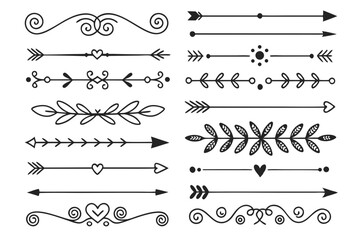 Obraz premium Black Vector Decorative Border Set with Elegant Arrows, Curved Swirls, and Floral Embellishments. Hand-Drawn Ornaments for Invitations, Posters, and Layout Designs.