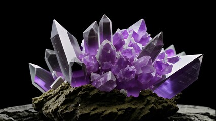 Amethyst cluster specimen with varying crystal clarity and contrast