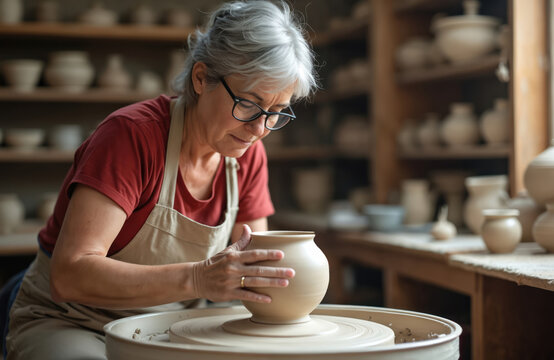 Mature woman potter molds pot shape on pottery wheel at workshop. Senior craftswoman handcrafts pottery with clay. Handmade creative studio, art design, craft, retirement, hobby, leisure activity.