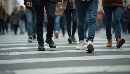 People walking along pedestrian crossing. Crowd moves in different directions. Diverse group wear casual clothes. Feet crossing road. City life motion in the urban environment.