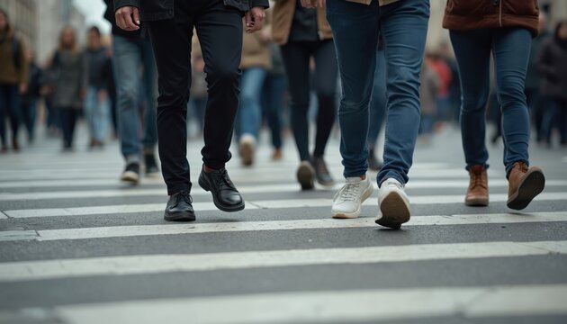 People walking along pedestrian crossing. Crowd moves in different directions. Diverse group wear casual clothes. Feet crossing road. City life motion in the urban environment.