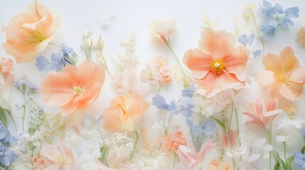 Obraz premium Pastel Peach and Blue Flower Arrangement Flatlay