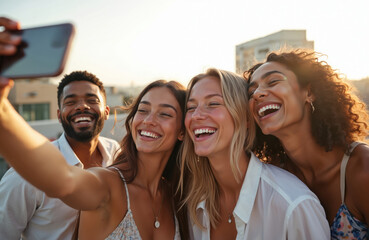 Naklejka premium Multiracial friends take selfie rooftop party. Young people laugh, smile together outdoors at sunset. Joyful happy group enjoying weekend, celebrating life, friendship, fun time.