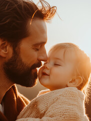Father and baby sharing a tender moment at sunset. Warmth, family love and emotional connection