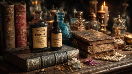 Vintage apothecary setup with old books, potions, and candles creating a mystical atmosphere