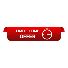 Limited Time Offer Ribbon Label with Stopwatch Clock Icon Red Promotional Sale Tag Vector
