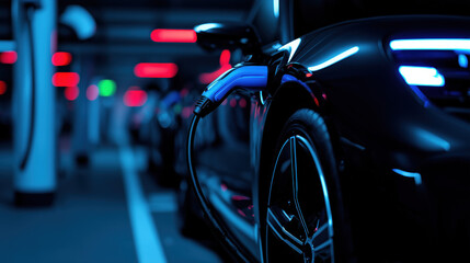 Smart city electric vehicle charging station at night. Neon lights, urban tech and futuristic mobility