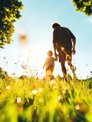 Father and child walking hand in hand through a sunny meadow. Freedom, nature and parenthood in motion
