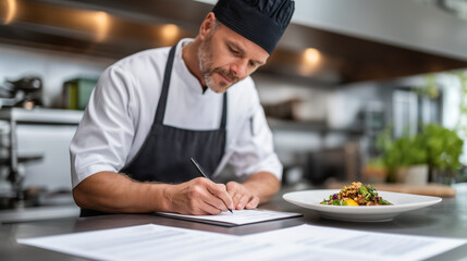 Professional chef planning menu and writing recipes in modern commercial kitchen with plated dish