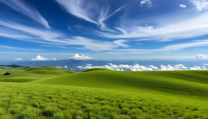 Fototapeta premium Lush green hills roll beneath a dynamic blue sky filled with wispy clouds, creating a serene pastoral landscape perfect for a peaceful escape.