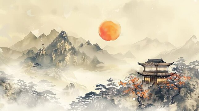 traditional chinese watercolor painting of misty mountains