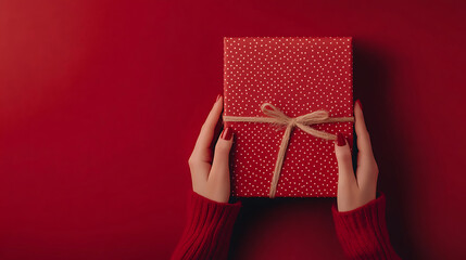 Womans hands holding elegantly wrapped red gift box with white polka dots and rustic twine bow against deep red background