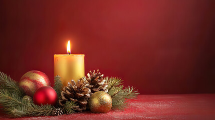 New Year's card with candle, pine cones and balls. Christmas card with copy space.
