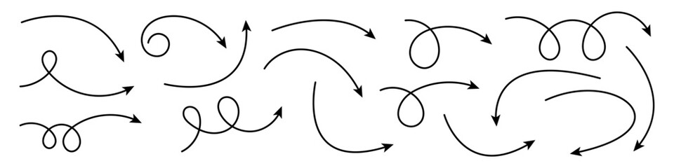 Hand Drawn Curved Arrows Set. Sketch Style Hand Drawn Arrows.