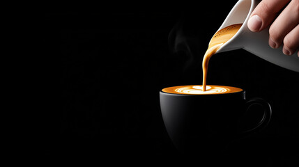 Latte art coffee poured into black cup on dark background. Elegant cafe banner with copy space for premium branding