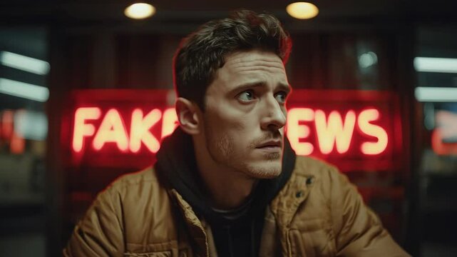 Distrust. A man with a concerned expression looks toward the camera. A red, bright sign that reads "FAKE NEWS" is in the background.
