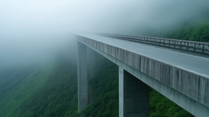 Misty bridge disappearing into foggy expanse, elevated road, serene, green landscape